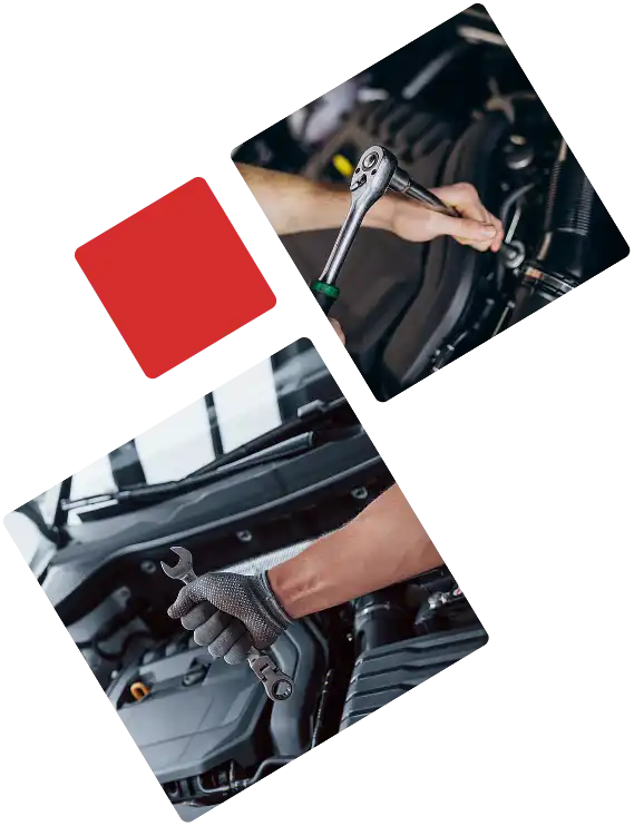 Collage van mechanische handen die een moersleutel gebruiken op een automotor, ter illustratie van professionele autoreparatiediensten.