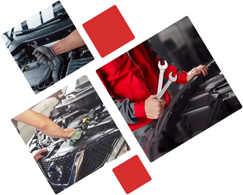 Gestileerde collage met een monteur die een voertuig repareert en schoonmaakt, waarmee professioneel auto-onderhoud wordt benadrukt.